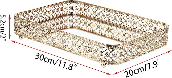 ELLDOO Gold Mirror Glass Perfume & Makeup Vanity Tray, Medium Size