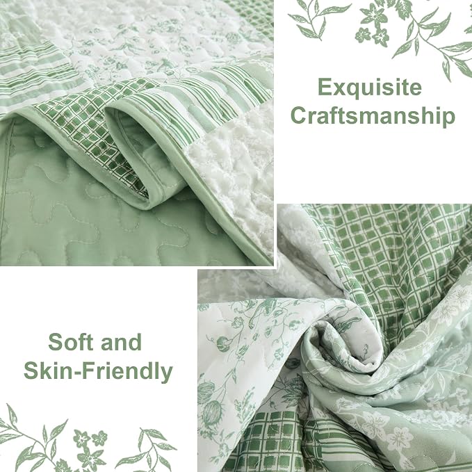 Mybedsoul Boho Quilt King Size, Patchwork Floral Bedding Set, Light Green | Soft Lightweight Microfiber Coverlet Set, 3 Pieces Plaid Bedspread, Bed Sets for All Seasons 90"x110"