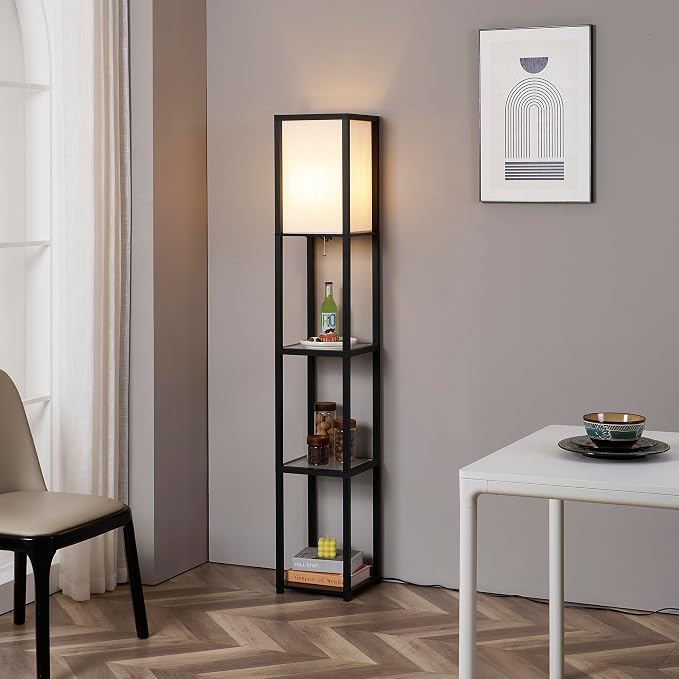FENLO Floor Lamp with Shelves – Tall Standing Lamp with Tempered Glass Tiers – Modern Minimalist Floor Lamp for Bedroom, Living Room, or Corner – Durable Glass Shelf Lamp with LED Bulb Included
