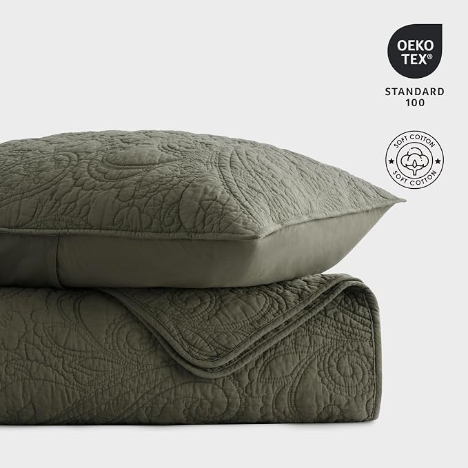 EVERGRACEHOME 100% Cotton Paisley Quilt Set, Queen Size, Olive Green | Prewashed for Softness, Year-Round Breathability, Gift-Ready Box, Matelasse-style Quilted Coverlet, 3 Piece Set with 2 Shams