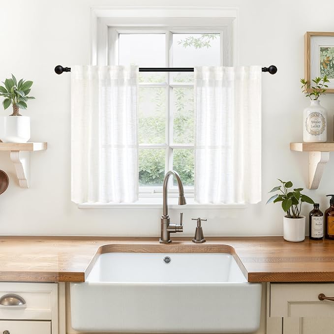 YoungsTex Small Linen Curtains 24 Inch Length for Cafe Kitchen Window | Half White Drapes Semi Sheer with Rod Pocket Back Tab for Bathroom Window Over Sink, 2 Panels, 29 X 24 Inch