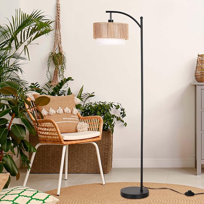 SUNMORY Arc Floor Lamps for Living Room, Rattan Standing lamp with 12W Bulb