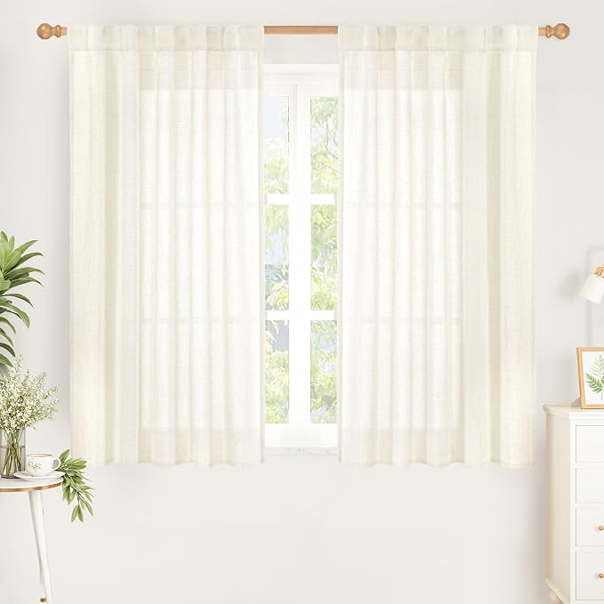 YoungsTex 48 Inch Length Linen Semi Sheer Curtains, Ivory Short Drapes | Light Filtering Curtain Textured for Bathroom Living Room Window with Rod Pocket Back Tab, 2 Panels, 42 X 48 Inch