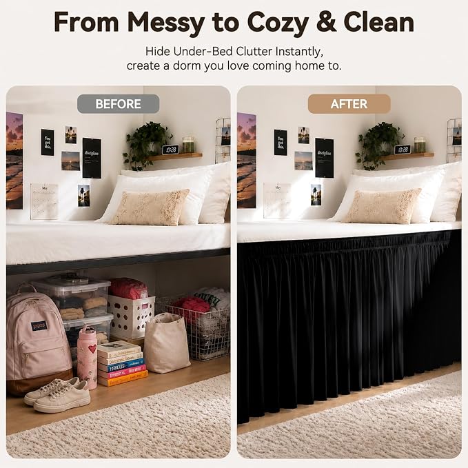 Black Twin XL College Dorm Bed Skirt 32" Drop, Elastic Wrap Dust Ruffle | Raised Bed Fit, Hides Underbed Storage, No Mattress Lifting, Soft Microfiber, Durable Fabric, Machine Washable, Clean Look