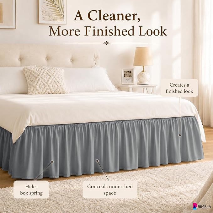 Grey Bed Skirt Queen Size 15 Inch Drop, Elastic Wrap Around Bedskirt | Solid Ruffled, Easy to Use, No Mattress Lifting, Wrinkle & Fade Resistant, with Adhesive Strips, Machine Wash/Dry/Iron