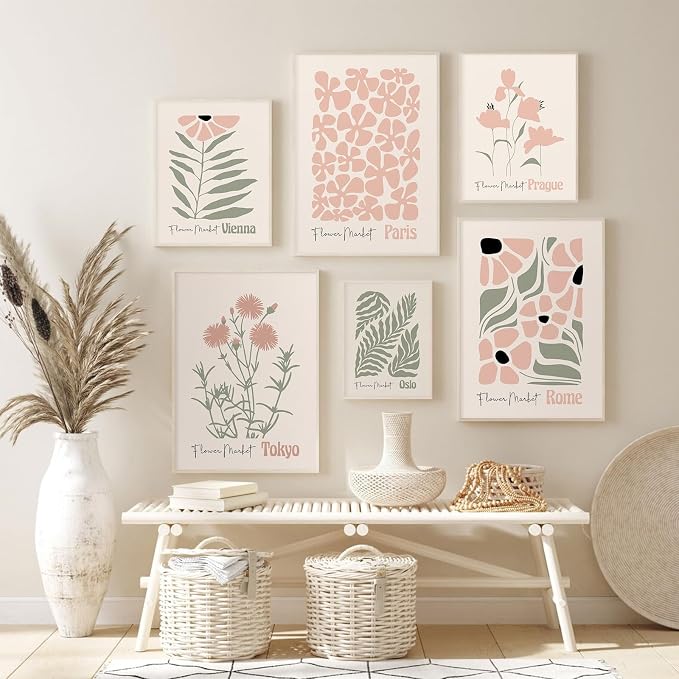 Baccone Boho Botanical Wall Art Prints Blush Pink Canvas Wall Decor Flower Market Wall Art Poster Abstract Aesthetic Pictures Pink Floral Artwork for Room Bedroom Set of 6 12x16 Inch Unframed