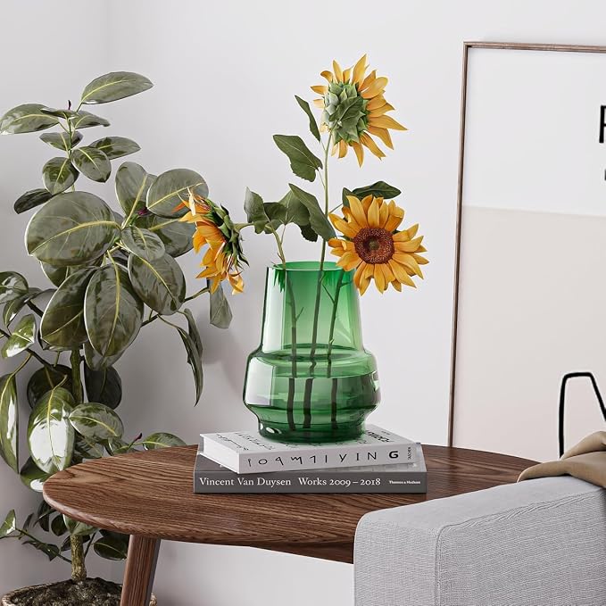 Relexome Green Glass Flower Vase for Centerpieces Bouquet Flowers Modern Wide Mouth Glass Vase Decorative Bud Vases for Home Decor, Living Room, Kitchen, Dining Table, Entryway 7.3 Inch