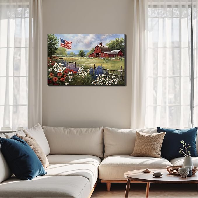 Framed Rustic American Flag Red Barn Wall Art, Patriotic Farmhouse Canvas Art Pictures, USA Flag Wall Decor for Living Room Kitchen Entryway, Ready to Hang Made in USA