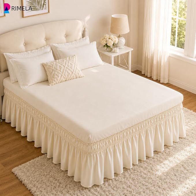Light Beige Bed Skirt King Size 15" Drop, Elastic Wrap Around Bedskirt | Solid Ruffled, Easy to Use, No Mattress Lifting, Wrinkle & Fade Resistant, with Adhesive Strips, Machine Wash/Dry/Iron