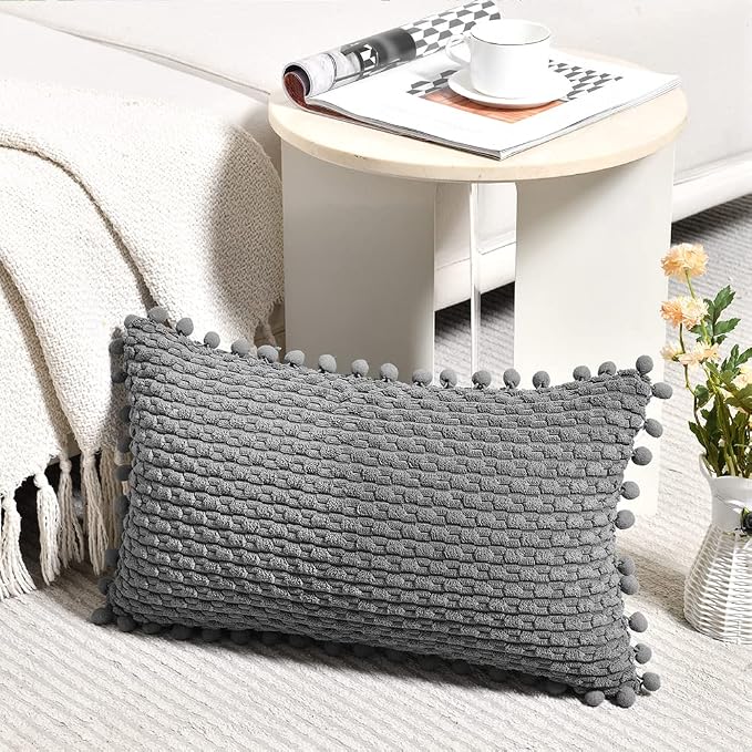 Fancy Homi Set of 2 Dark Gray Lumbar Decorative Throw Pillow Covers 12x20 Inch with Pom-poms for Couch Bed Sofa, Modern Farmhouse Boho Home Decor, Soft Plush Grey Corduroy Rectangle Cushion Case