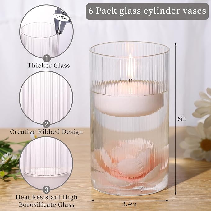 6 Inch Clear Glass Ribbed Cylinder Vases for Centerpieces, Pack of 6 | Flower Vases for Wedding & Home Decor, Hurricane Floating Candle Holders for Table & Shelf & Party