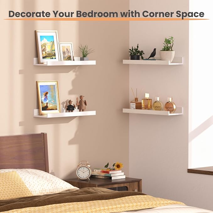upsimples Floating Shelves for Wall, Wall Shelves for Decor Storage Set of 6, Wall Mounted Wood Shelf for Bedroom, Living Room, Bathroom, Kitchen, Picture Ledge Shelf, White (Pack of 2)
