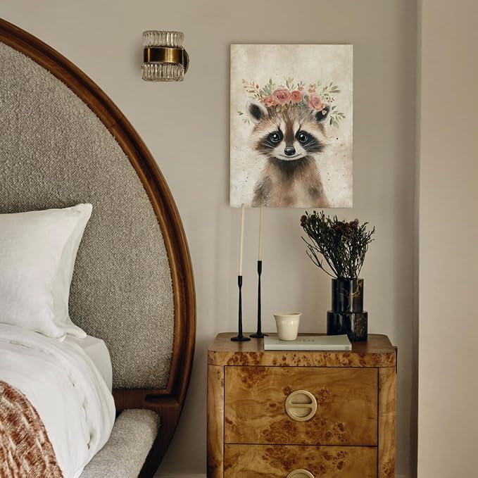 Cute Raccoon Print Wall Art Decor Retro Animal Portrait Poster Funny Raccoon with Wreath Picture Painting Farmhouse Woodland Animal Artwork for Baby Room Nursery Home Office Decoration 12x16inch