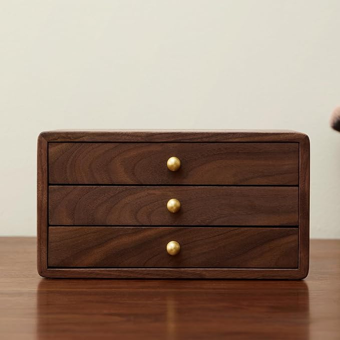 Wooden Jewelry Box, Large, Black Walnut Wood | For Women & Men, Velvet Lined Organizer, 3 Drawers, Brass Handles, Earring Ring Necklace Storage