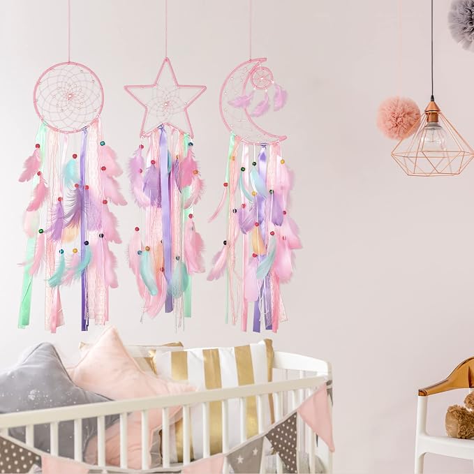Jetec 3 Pcs Dream Catcher for Girl Star Sun Moon Decor, Pastel Color
