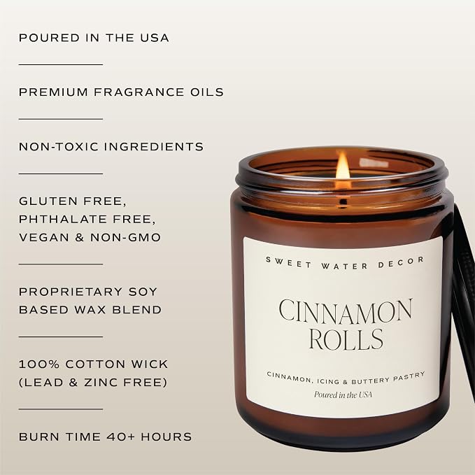 Sweet Water Decor Cinnamon Roll Candle, Fall & Winter Scents, 9oz Amber Jar
