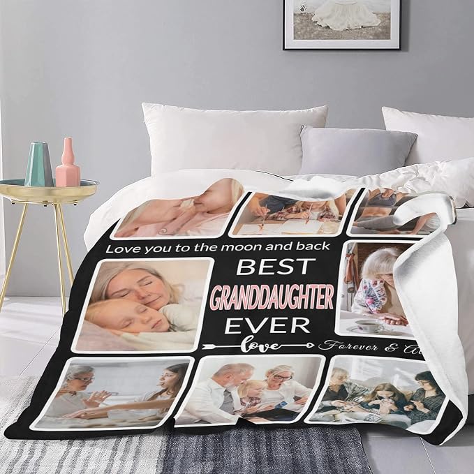 Gifts for Granddaughter Customized Blanket with Photo, Make a Personalized Blankets with Picture Custom Memories Souvenir Throw Blanket for Best Granddaughter Ever, 8 Collage Made in USA
