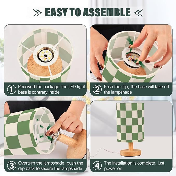 Bedside Lamp Green White Checkered Pattern Table Lamp for Bedroom LED Nightstand Lamp Shade USB Ports Wood Base for Living Room Dorm Office