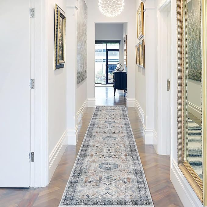 Washable Kitchen Runner Rug 2x10: Non-Slip Hallway Entryway Rugs Indoor Soft Low Pile Stain Resistant Carpet for Bedroom Laundry Ultra-Thin Vintage Home Decor Mat for Bathroom (Grey/Blue, 2 x 10)