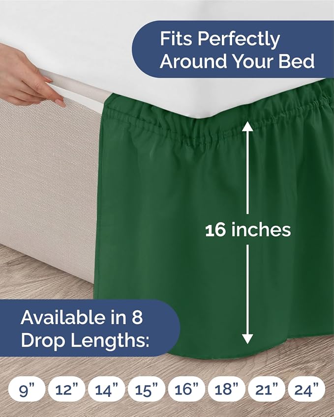 Wrap Around Dust Ruffle Bed Skirt - Emerald Green - for Queen Size Beds w/ 16 Inch Drop - Easy Fit Elastic Strap - Adjustable Pleated Bedskirt Brushed Fabric - Wrinkle Free - Women, Men, Kids & Teens