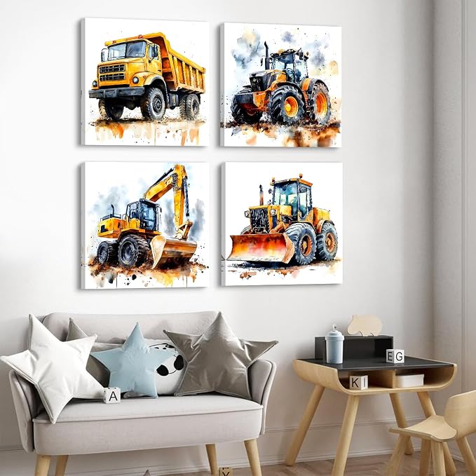 Set of 4 Construction Vehicles Canvas Wall Art Large Boys Room Pictures Decorations Cartoon Dump Bulldozer Excavator Tractor Truck Wall Decor Kids Bedroom Playroom Posters Paintings Artwork 20x20”