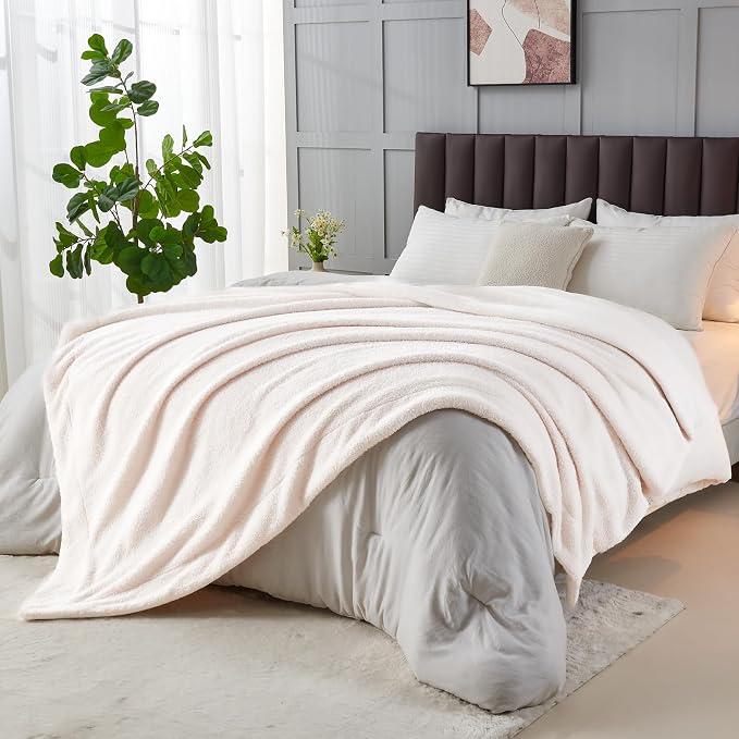 NEWCOSPLAY Knitted Throw Blanket for Couch Sofa Bed, Plush-Ivory, 60"x80" | Super Soft Plush, Fuzzy Fluffy Microfiber, Lightweight Cozy Blanket for Room Decor, All Season Use
