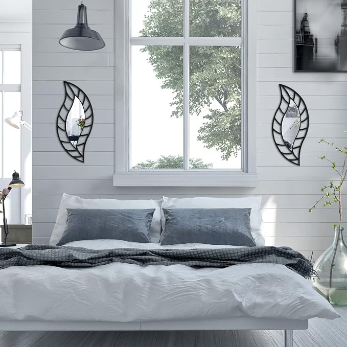 Roowest 2 Pcs Decorative Mirror Wall Decor Leaf Teardrop Mirror Wall Mounted Decorations for Living Room Bedroom Bathroom Vanity Entryway Office(Black)