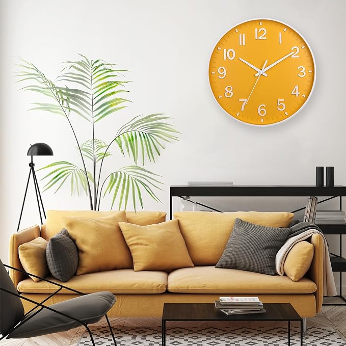 HZDHCLH 12 Inch Silent Wall Clock Battery Operated Non Ticking Yellow | for Living Room Bedroom Kitchen Office (orange color)