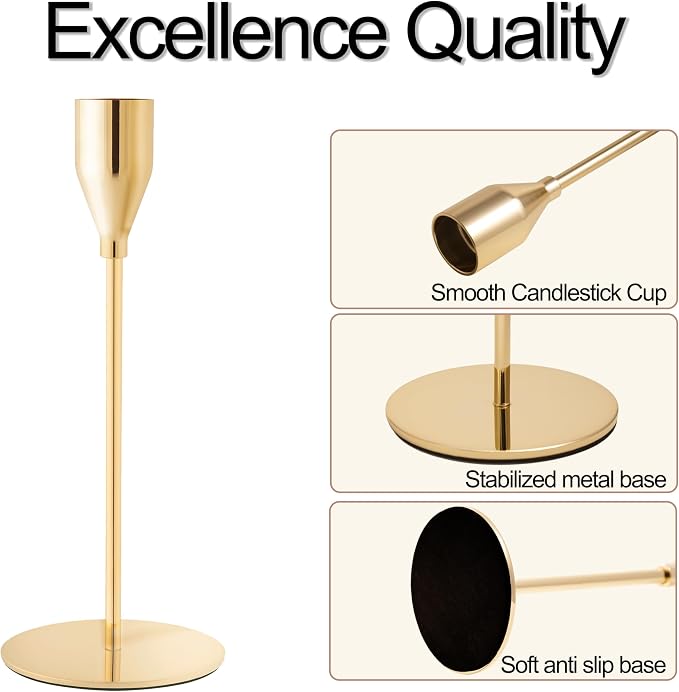 Gold Candlestick Holders, Metal Taper Candle Holders, Bulk Set of 15 | Elegant gold candle stands, 3 heights, for wedding centerpieces,dining tables, mantels, Thanksgiving,Christmas and home decor