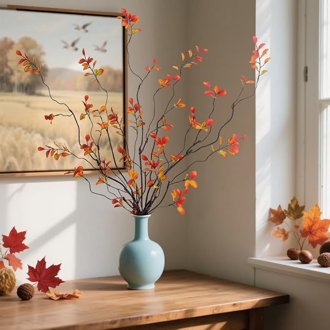 6 Pcs Fall Stems Artificial Ficus Branches, 47.2 Inch Faux Eucalyptus Stems Fall Decor, Fake Leaves Fall Decorations for Home, Autumn Table Decor Fall Branches for Vase Filler Centerpieces