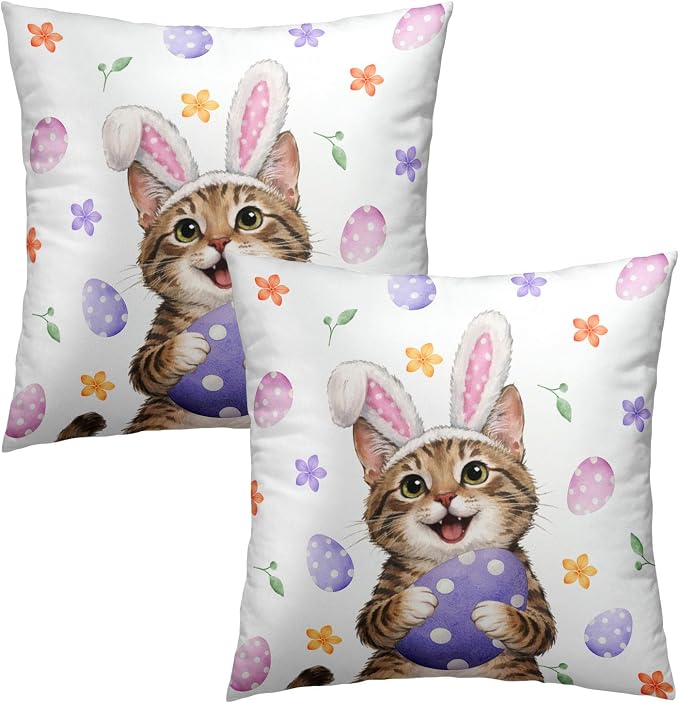 Easter Cat Pillow Covers 24x24 Inches Set of 2 Cute Bunny Ear Cat Pillowcase Kitten Eggs Floral Cotton Cushion Covers Spring Holiday Pillow Cases for Home Sofa Couch