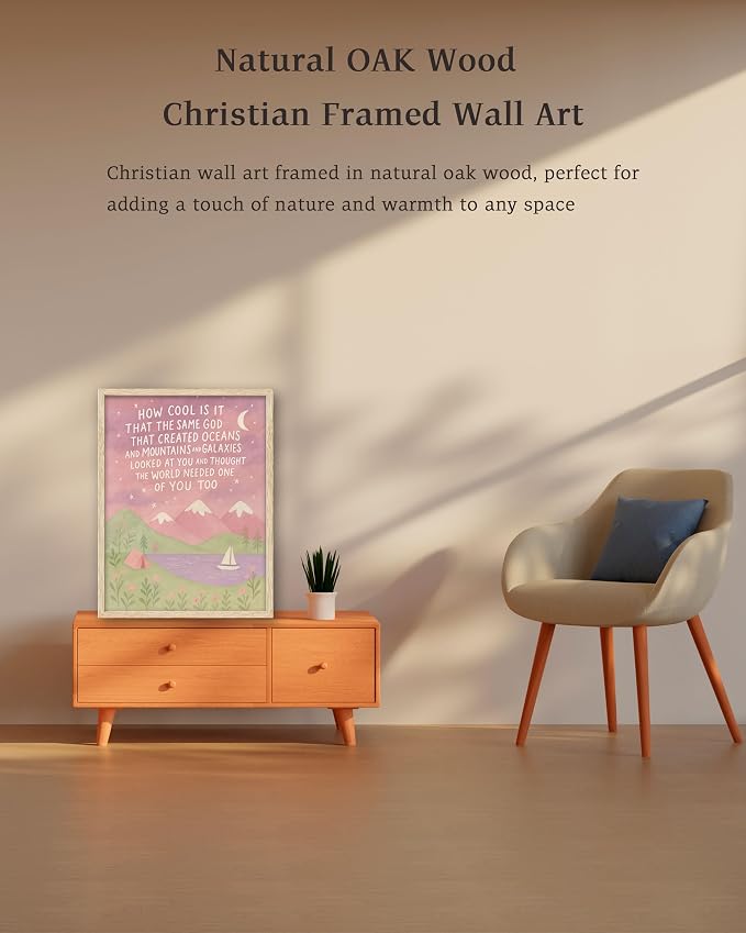 KensTro 12x16in Same God Creation Inspirational Christian Kids Wall Art,Natural OAK Wood Frame with Mountain Canvas Print,Girl First Communion and Baptism Gift for Girls,Nursery Toddler Girly Bedroom,Apartment Dorm Decoration Adoption Gifts,1Pack Pink