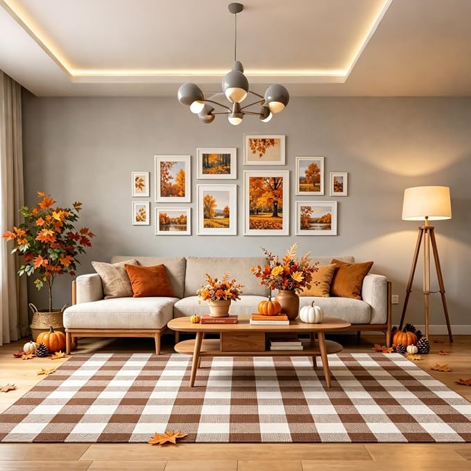 Buffalo Plaid Area Rug 5x7 Ft, Brown White Indoor Outdoor Rug | Cotton Blend, Brown White Checkered, Machine Washable, Layering Rug, Front Porch Entryway