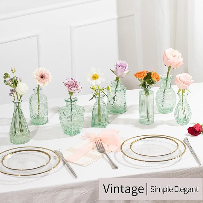 Sage Green Glass Bud Vases Set of 10, Wedding Table Centerpiece | Set of 10 Sage Green Vintage Glass Bud Vases, Boho Wedding Aesthetic, Pairs with White, Cream & Eucalyptus Arrangements