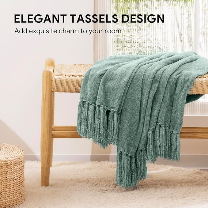 RECYCO Chenille Throw Blanket for Couch, 60"x80", Sage | Super Soft Knit Throw Blanket with Fringe Tassels, Lightweight Knitted Throw, Cozy, Ideal for Sofa Chair Bed Living Room Gift