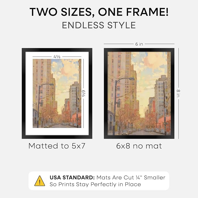 Homeforia 6x8 Black Picture Frame, High-End Metal, 5x7 Mat, Glass