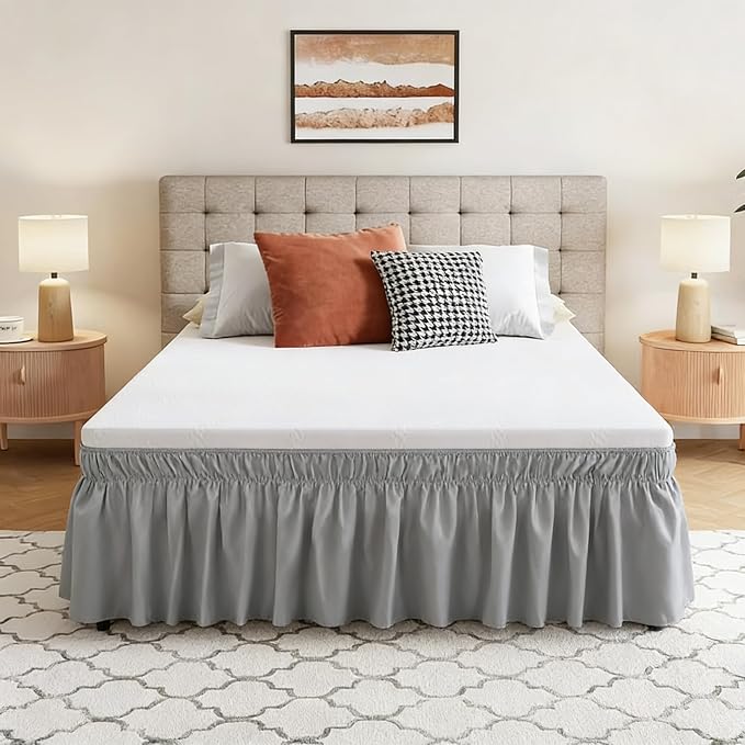 Vocander Grey Queen Bed Skirt 14 Inch Drop, Elastic Wrap Dust Ruffle | Hides Underbed Storage, No Mattress Lifting, Elastic Stays Put, Soft Fabric, Machine Washable, Polished Look