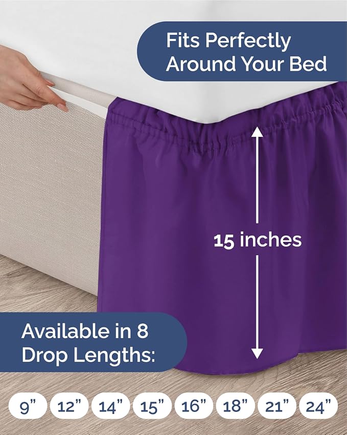 Wrap Around Dust Ruffle Bed Skirt, Full Size Beds - 15 Inch Drop, Purple | Easy Fit Elastic Strap, Adjustable Pleated Bedskirt w/Brushed Fabric, Wrinkle & Fade Free, for Women, Men, Kids & Teens