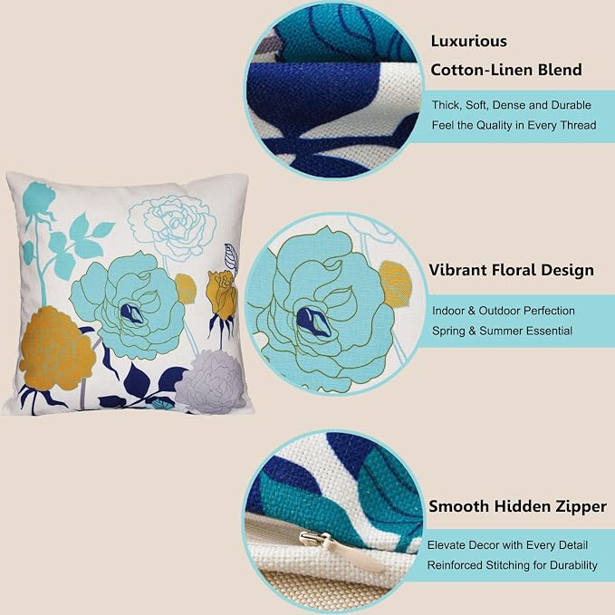 Turquoise Yellow Floral Pillow Covers 16x16 Set of 2 Cotton Linen | Durable Thick Cotton Linen Material, Soft Breathable Floral Decor, Suitable For Spring Summer Couch Bed & Outdoor Patio Porch