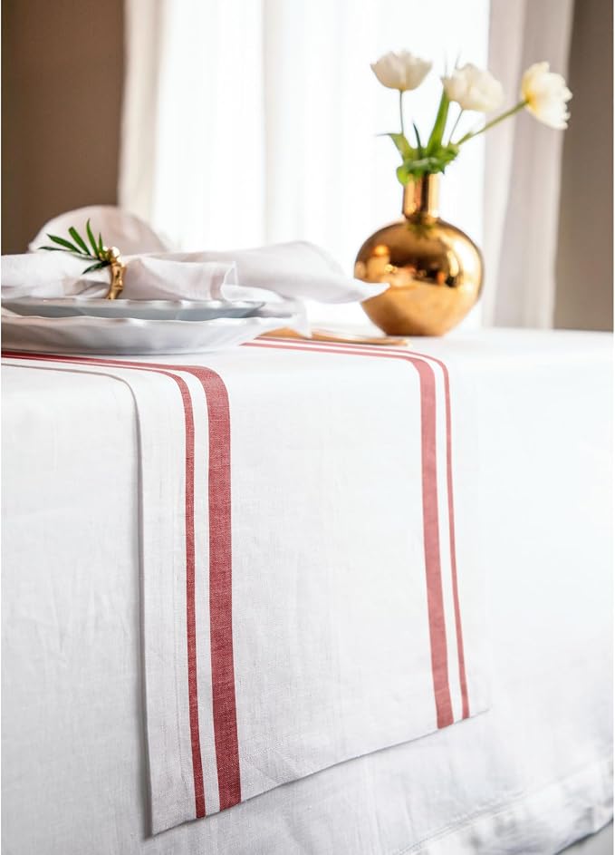 Solino Home 100% Pure Linen Table Runner, 14 x 120 in, Red and White Stripe | French Stripe, styles dining tables for meals and celebrations, European flax fibres, betters with age, OEKO-TEX Certified