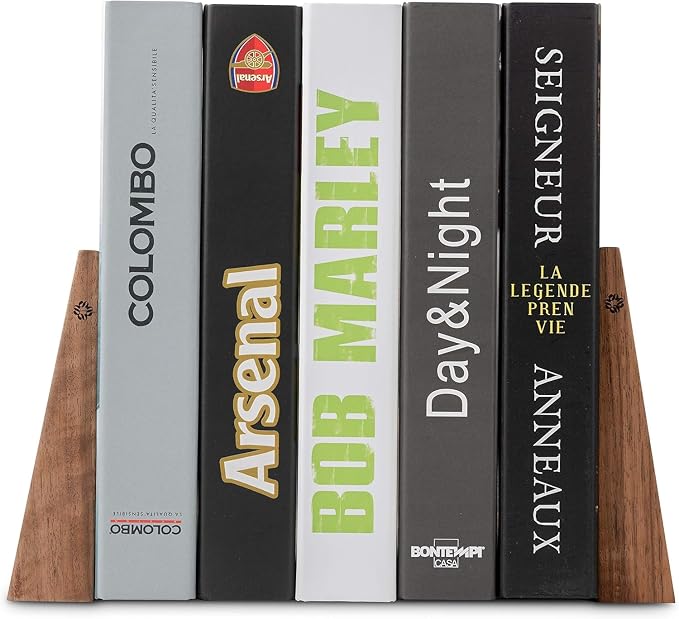 TILISMA Walnut Bookends for Shelves | Wooden Book Ends for Shelves | Sturdy Book Holders, Stoppers with Metal Base for Bookshelves | Slick Decorative Bookends Stands Firmly on Bookshelf (Pair)