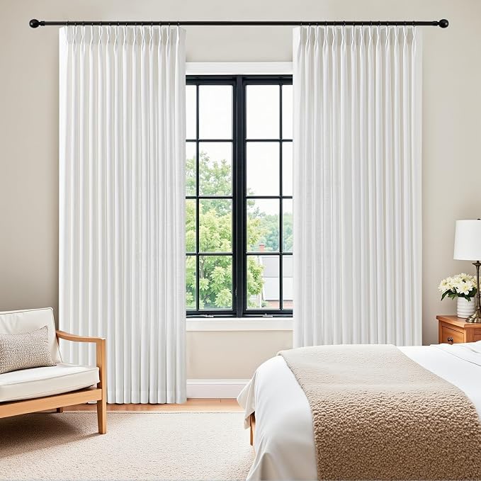 Pleated Linen Curtains Light Filtering Semi Sheer Drapes for Living Room | Semi Sheer, Farmhouse, Linen Blend, Pinch Pleat, Hooks Rings, Large Window Drapes, Thick, W70xL96, 1 Panel, Snow White