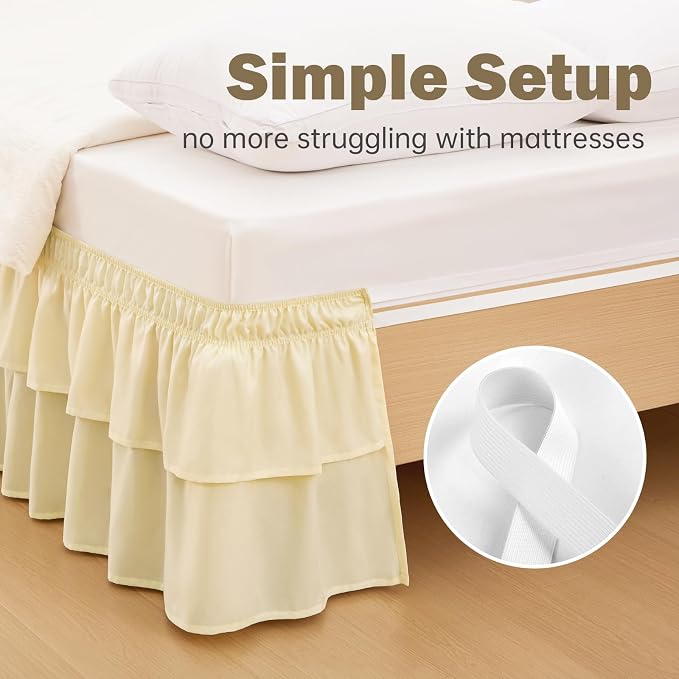 Cream Yellow Queen Bed Skirt 18 Inch Drop, Double Layer Dust Ruffle | Hides Storage, Double Layer Ruffle, Elastic Stays Put, Soft Fabric, Machine Washable, Elegant Look