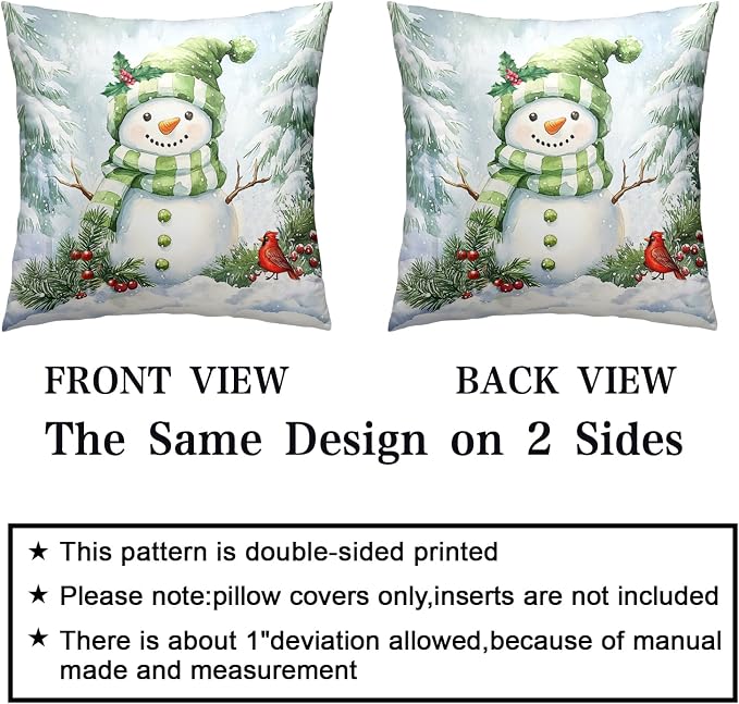 Set of 2 Winter Pillow Covers 18x18 Green Snowman Pine Tree Holly Berry Cardinal Bird Throw Pillow Covers Holiday Pillow Case for Home Decor Couch Sofa