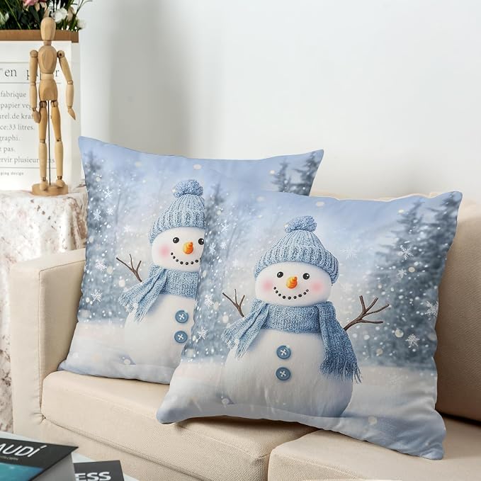 Blue Snowman Throw Pillow Covers Winter Pillow Covers 22x22 Snowflakes Pillow Case Double Sided Printing Cushion Case for Home Decor Couch Sofa Set of 2