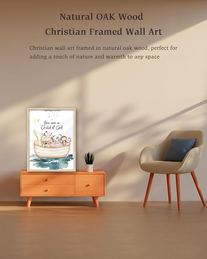 KensTro 12x16 Oak Framed Noah's Ark Child of God Wall Art | Natural Oak Wood Frame with Noah's Ark Animals and Child of God Message for Bedroom, Hallway, Office or Prayer Space