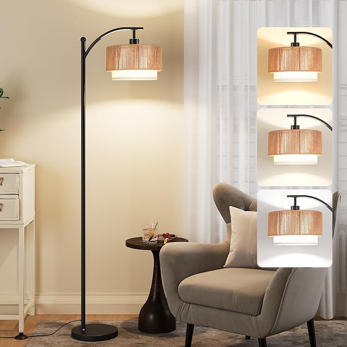 SUNMORY Arc Floor Lamps for Living Room, Rattan Standing lamp with 12W Bulb