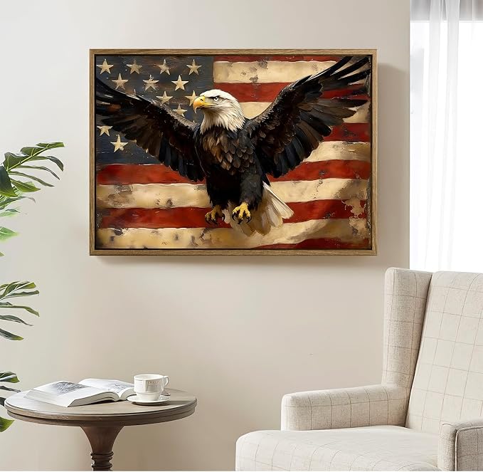American Flag Framed Canvas Wall Art, 4th of July Patriotic Canvas Prints | USA Flag with Bald Eagle Poster Print, Vintage Independence Day Wall Decor for Bedroom Living Room 12×16in