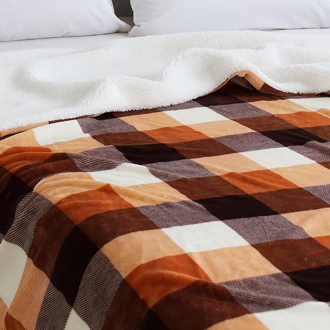 SOCHOW Buffalo Plaid Sherpa Fleece Throw Blanket, 60 x 80 inches, Orange | Fall Double-Sided Checkered Super Soft Luxurious Bedding Blanket