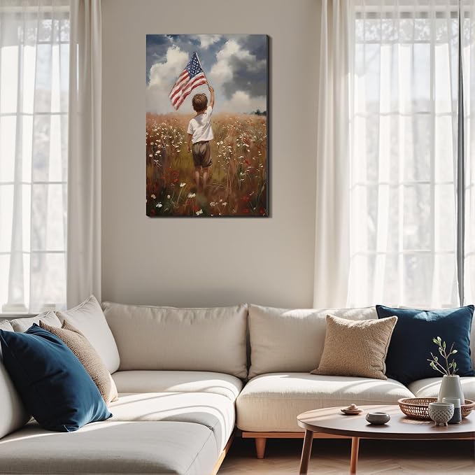 Framed American Flag Wildflower Field Wall Art, Patriotic Rustic Canvas Art Pictures, USA Flag Coastal Meadow Wall Decor, Made in USA Ready to Hang for Living Room Bedroom